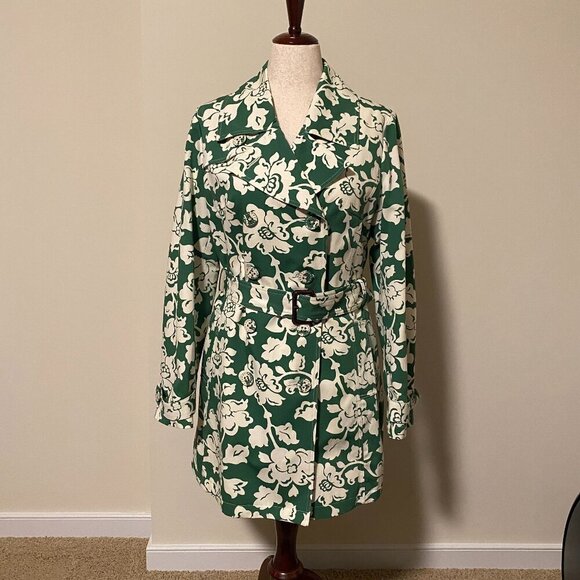 MERONA Green / Floral Print Trench Coat Size Large - Picture 1 of 6